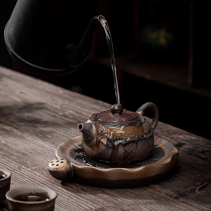 Lotus Teapot New Chinese Handmade Rough Pottery Teaware Ceramic Vintage Kung Fu Tea Set White Tea Rock Tea Pu'er Single Pot