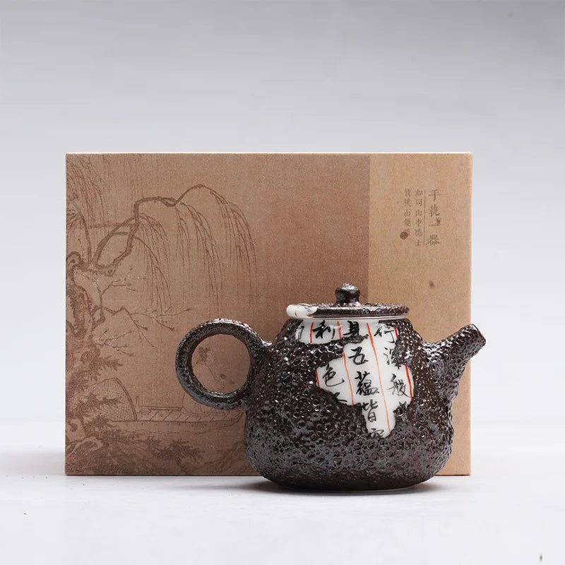 Master Handmade Firewood Tea Set Literati Pot Heart Sutra Fragmented Ceramic Hand-held Teapot Teapots for Infusions Teaware Bar