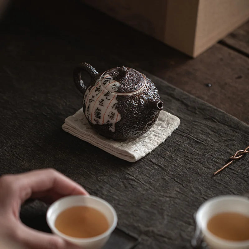 Master Handmade Firewood Tea Set Literati Pot Heart Sutra Fragmented Ceramic Hand-held Teapot Teapots for Infusions Teaware Bar