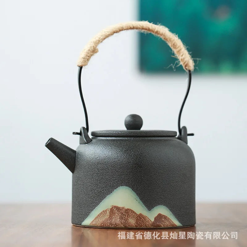 Modern Minimalist Japanese Style Tea Pot Taiwan Black Pottery Loop-handled Teapot Ceramic Tea Pot  Chrysanthemum Tea  Teapot