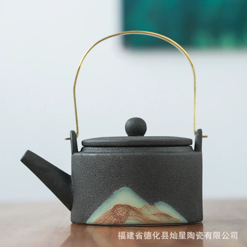 Modern Minimalist Japanese Style Tea Pot Taiwan Black Pottery Loop-handled Teapot Ceramic Tea Pot  Chrysanthemum Tea  Teapot