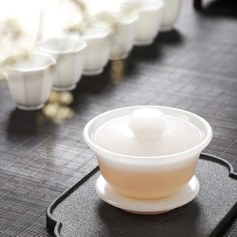 Natural Jade Gaiwan Health Gongfu Teaware Genuine Chinese Jades Stone Bowl Cover Teacups Chinese Tea Ceremony Kung Fu Teaset