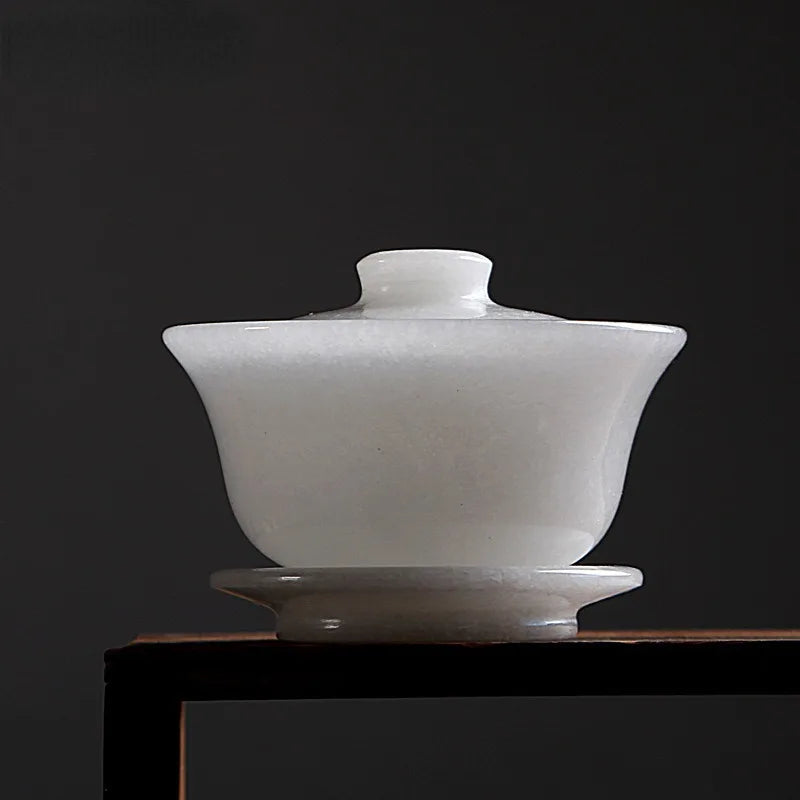 Natural Jade Gaiwan Health Gongfu Teaware Genuine Chinese Jades Stone Bowl Cover Teacups Chinese Tea Ceremony Kung Fu Teaset