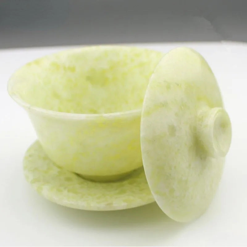 Natural Jade Gaiwan Health Gongfu Teaware Genuine Chinese Jades Stone Bowl Cover Teacups Chinese Tea Ceremony Kung Fu Teaset