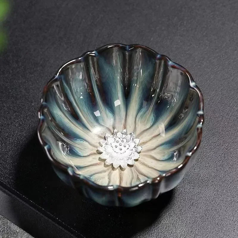New Tianmu Jianzhan Lotus Cup Ceramic Tea Cup Chinese Tea Set Master Cup Handmade Inlaid Silver Teacup Kung Fu Tea Set Teaware