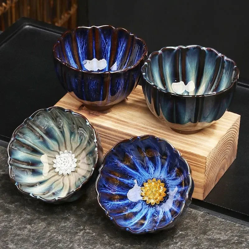 New Tianmu Jianzhan Lotus Cup Ceramic Tea Cup Chinese Tea Set Master Cup Handmade Inlaid Silver Teacup Kung Fu Tea Set Teaware