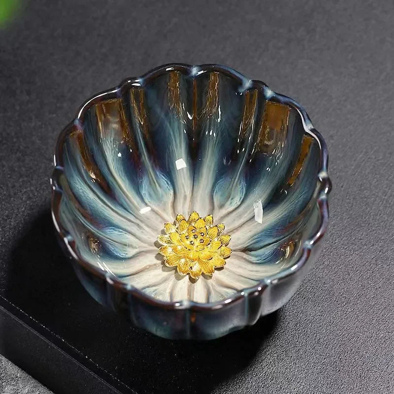 New Tianmu Jianzhan Lotus Cup Ceramic Tea Cup Chinese Tea Set Master Cup Handmade Inlaid Silver Teacup Kung Fu Tea Set Teaware