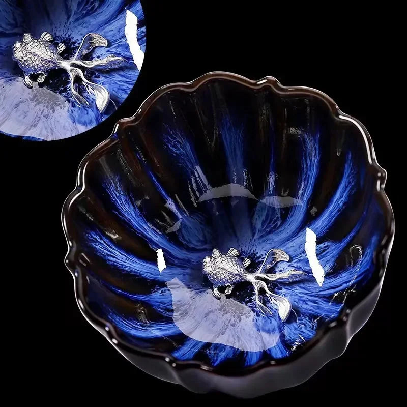 New Tianmu Jianzhan Lotus Cup Ceramic Tea Cup Chinese Tea Set Master Cup Handmade Inlaid Silver Teacup Kung Fu Tea Set Teaware
