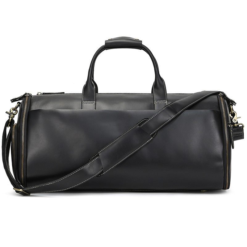 Multifunctional Crazy Horse Leather Travel Duffle, Foldable Suit Garment Bag with Wet-Dry Separation, Premium Gym Weekender for Men