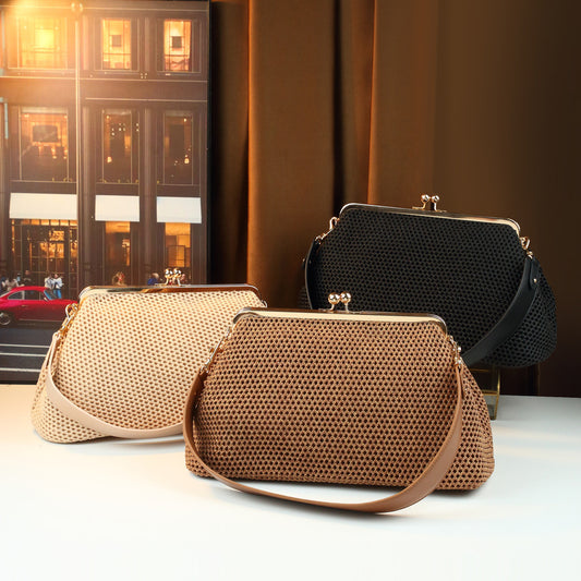 French Vintage Mesh Frame Tote Bag for Women Large Capacity Shoulder Underarm Purse, Elegant Clasp Handbag with Relaxed Resort Style