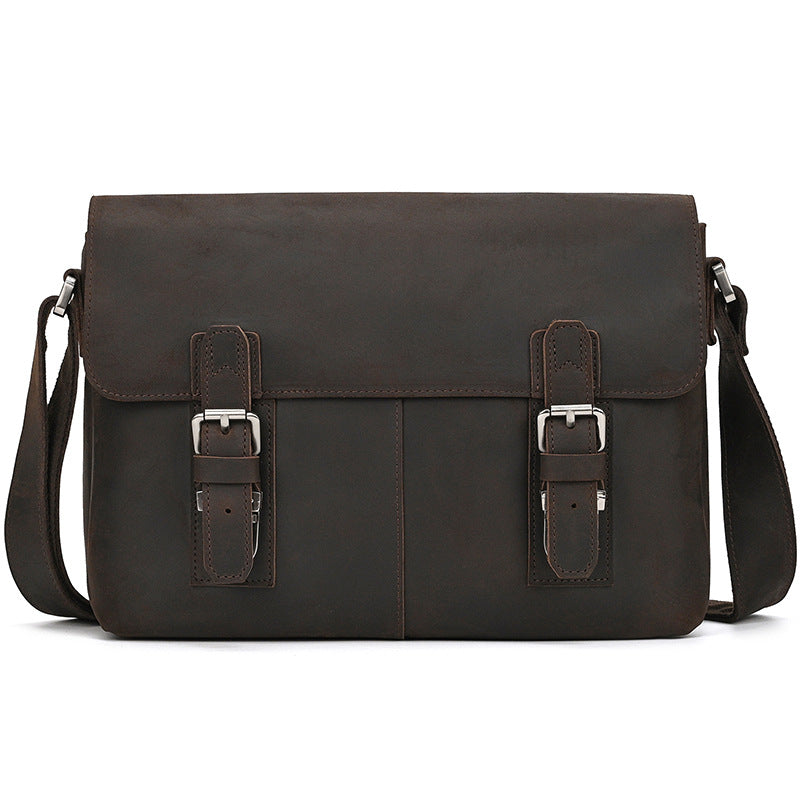 Genuine Top Layer Crazy Horse Cowhide 13-Inch Crossbody Bag for Men, Large Capacity Flap Laptop Briefcase, Casual Work Bag for Gentlemen