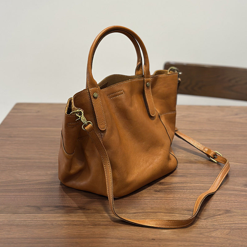 Handmade Cowhide Large Capacity Shopping Tote Bag for Women, Vintage Bucket Shoulder Crossbody Top Handle Purse, Genuine Leather Handbag for Ladies