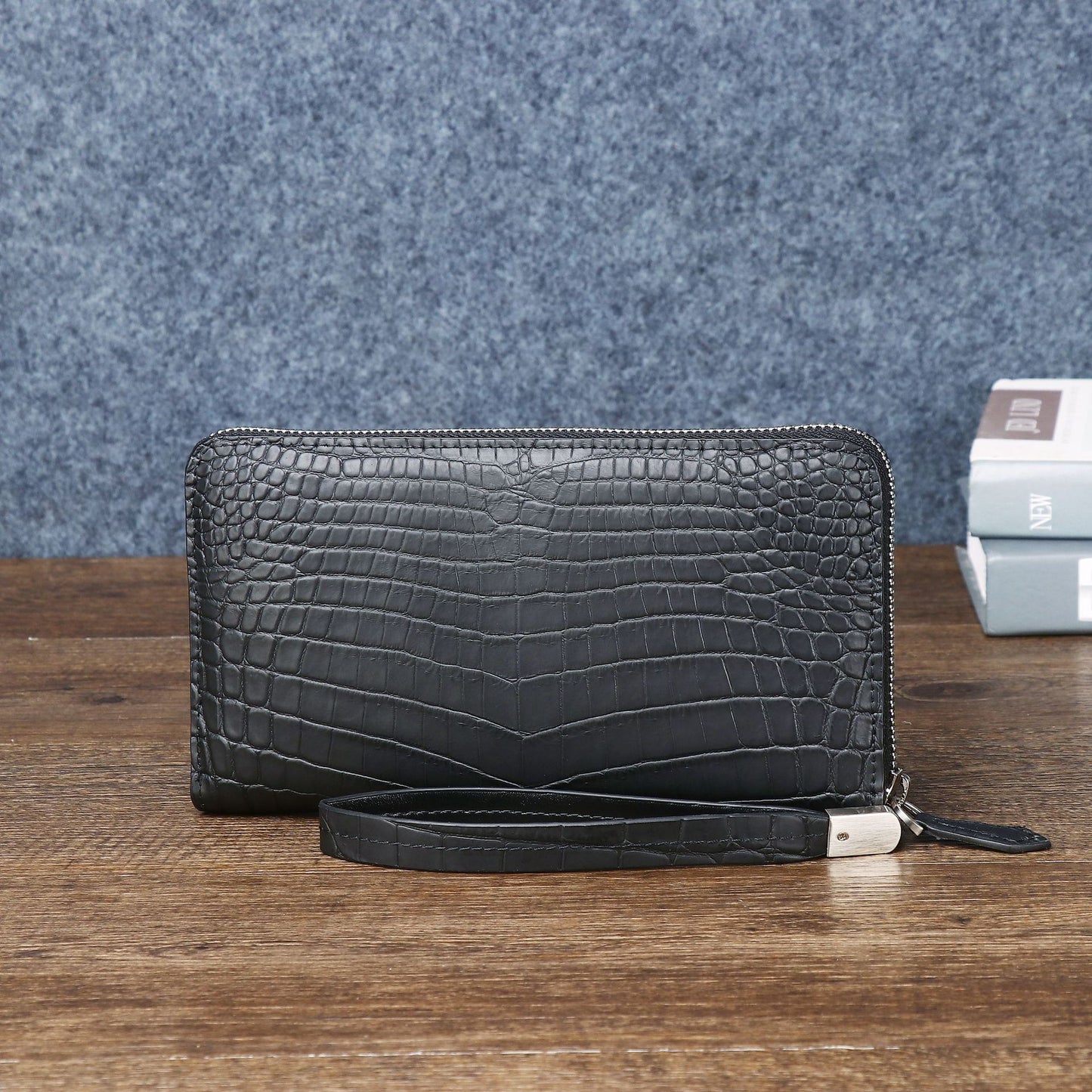 New Arrival Matte Black Croc-Effect Long Clutch Wallet for Men, A Business Handheld Bag with Multiple Card Slots & Convenient Phone Pouch
