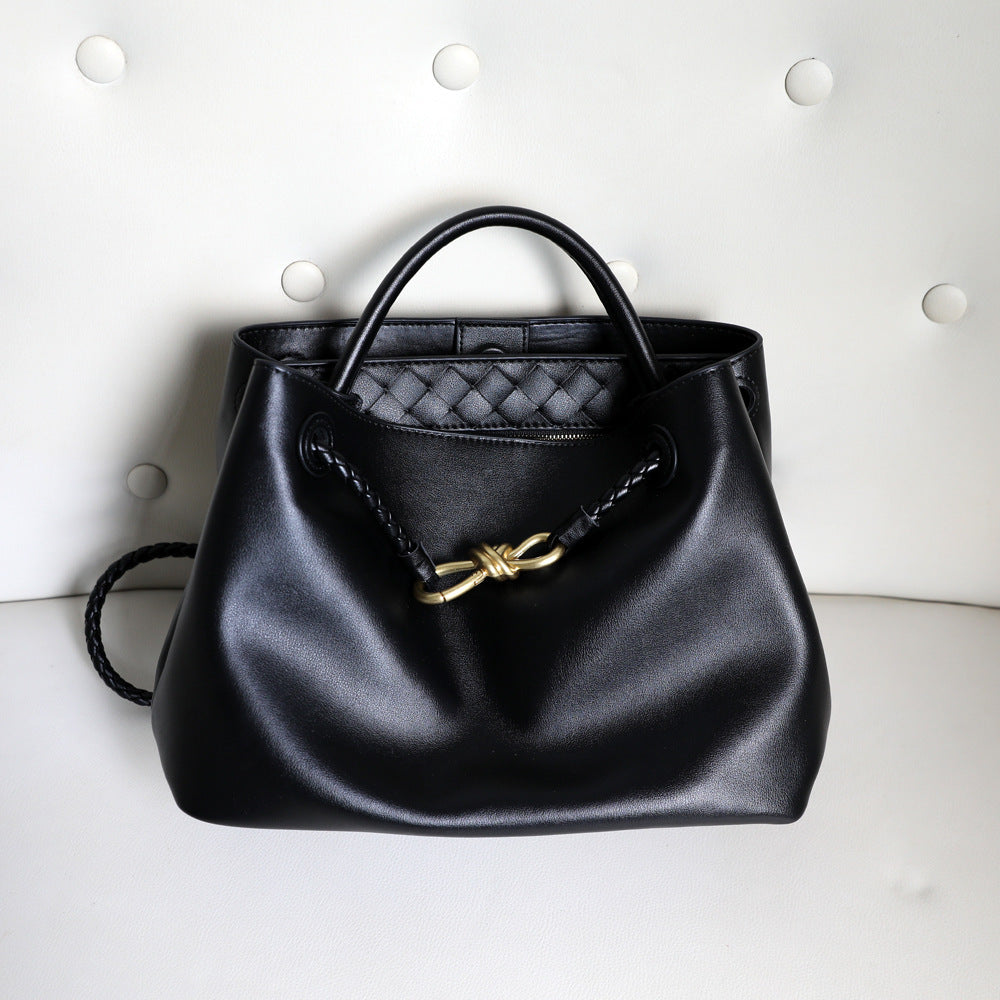 Metal Bow Tote Bag for Women Genuine Cowhide Leather Large Capacity Shoulder Handbag, Elegant Hardware Accent with Versatile Style
