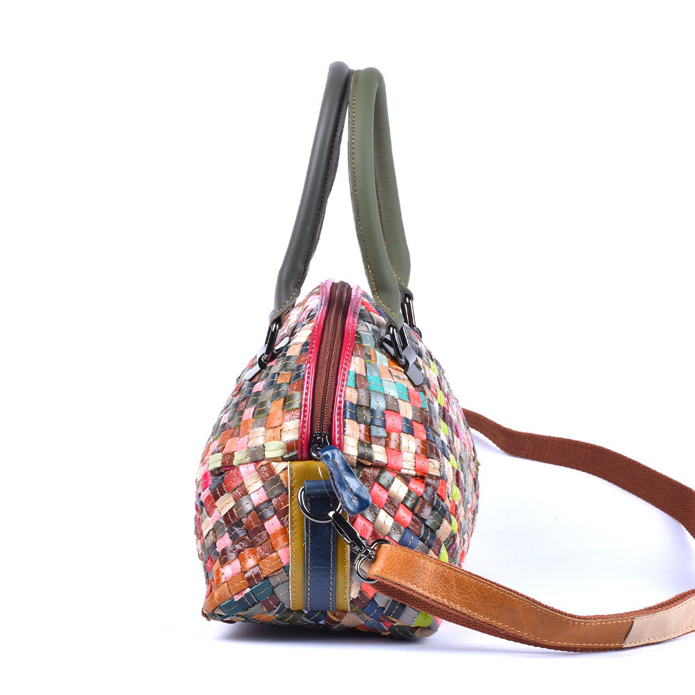 Genuine Leather Handwoven Colorful Cowhide Handbag for Women, New Arrival Top Handle Shoulder Crossbody Purse, Casual Travel Small Bag for Ladies
