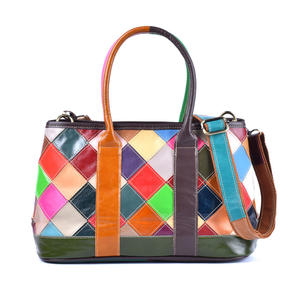 Checkered Patchwork Color Block Tote in Top Layer Cowhide, Fashionable Shoulder Crossbody Top Handle Handbag, Stylish Bag for Women