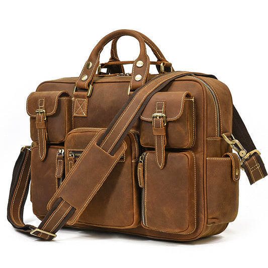 Vintage Crazy Horse Leather Briefcase with Multiple Pockets, Laptop Travel Shoulder Bag, Top Layer Cowhide Top Handle Bag for Men