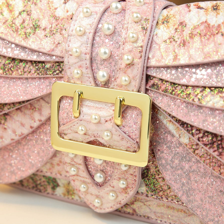 Butterfly Wing Mini Square Bag for Women with Pearl Chain, Trendy Shoulder Crossbody Handbag with Versatile Fashion Design