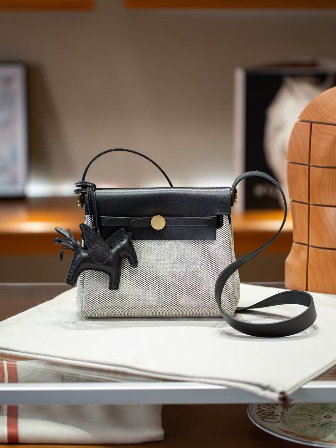 Genuine Cowhide & Canvas Mini Kelly-Style Herbag for Women, Internal Stitching Color Block Shoulder Crossbody Purse, Niche Commute Handbag for Ladies