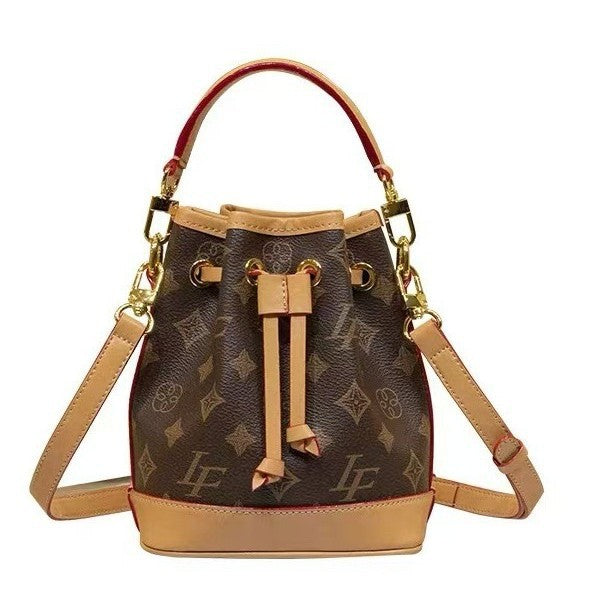 Genuine Leather Korean Style Printed Bucket Bag for Women, New Elegant Light Luxury Shoulder Crossbody Purse, Versatile Everyday Handbag for Ladies
