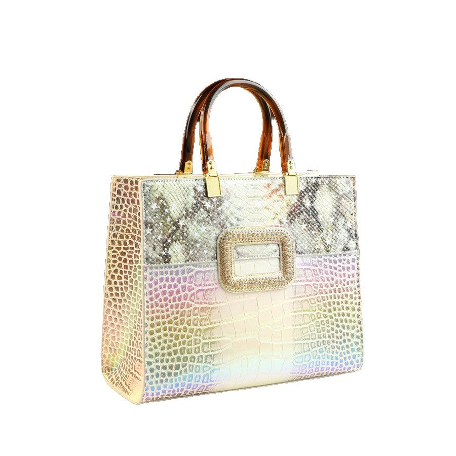 New Arrival Vintage Iridescent Croc-Effect Tote Bag for Women, A Large Capacity Top-Handle Shoulder Handbag with Magnetic Snap Design & Fashionable Retro Style