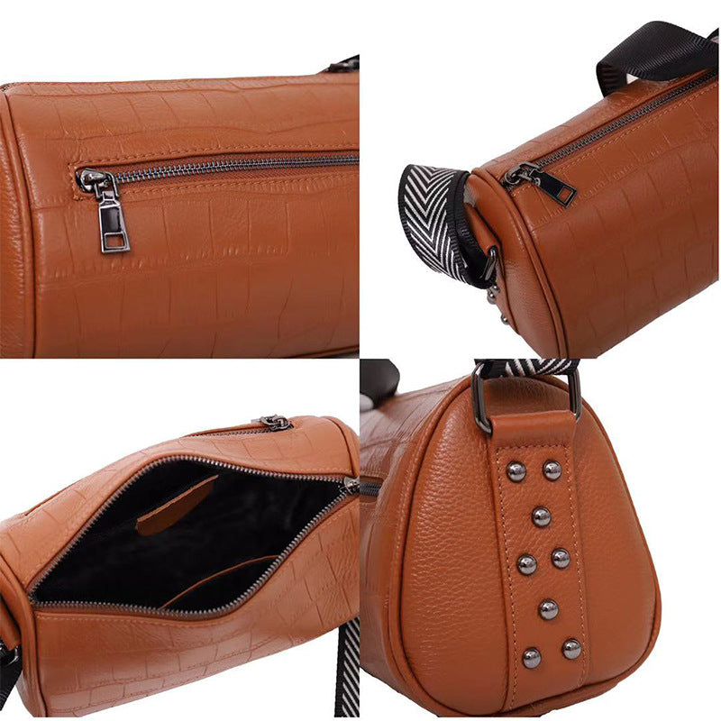 New Arrival Small Croc-Effect Cylinder Pillow Bag for Women, A Versatile Wide Strap Crossbody Shoulder Handbag with Studded Details & Trendy Design 8348