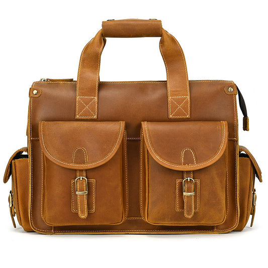 14-Inch Vintage Crazy Horse Leather Laptop Briefcase, Cross-Border Bestseller Business Commute Bag, Top Handle Shoulder Crossbody Work Bag for Men