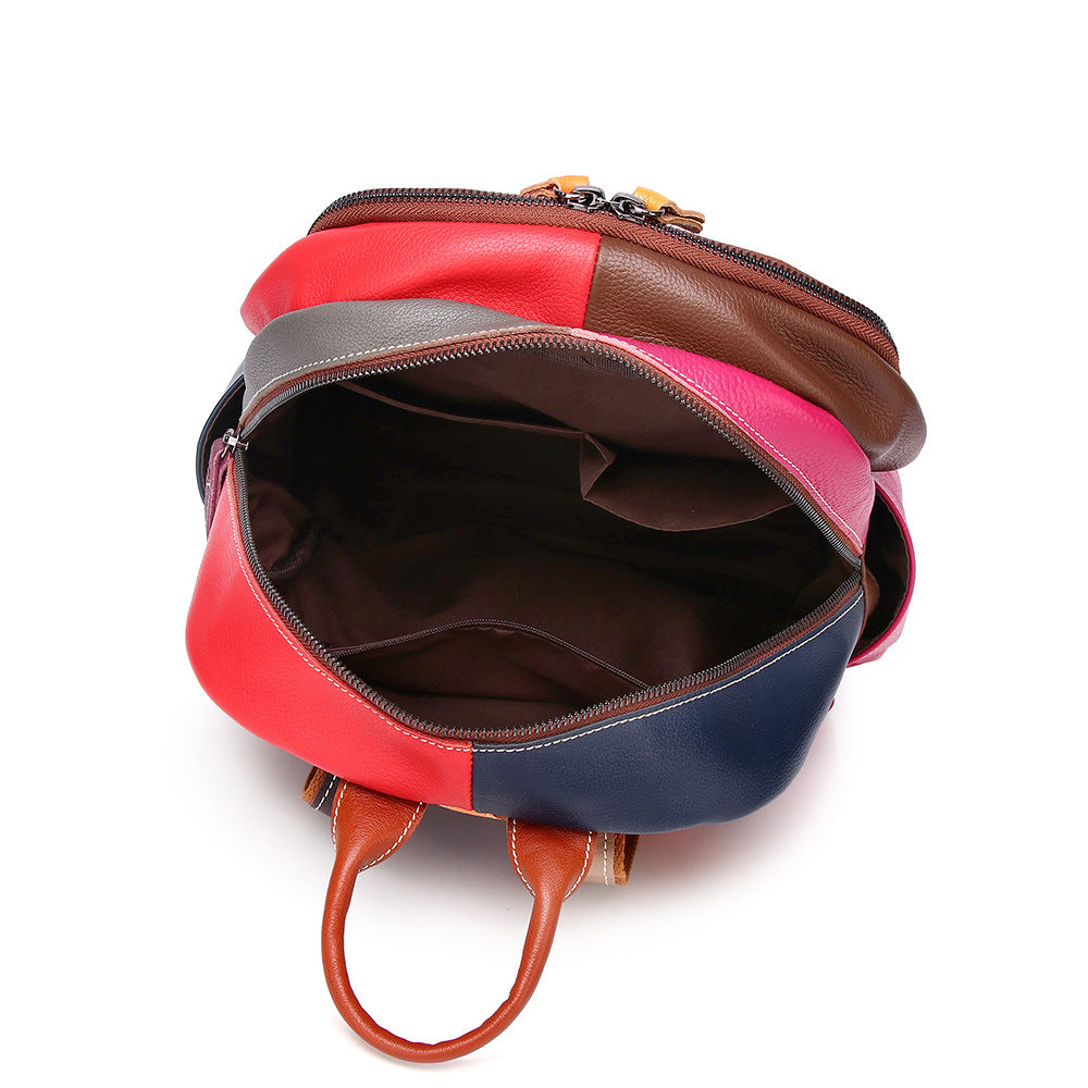 Premium Top-Layer Cowhide Leather Backpack for Women | Colorful Plaid Color-Block Design with Ethnic Bohemian Flair | Casual Trendy Rucksack for Travel, School & Daily Outings | Spacious Lightweight Daypack with Unique Artistic Style