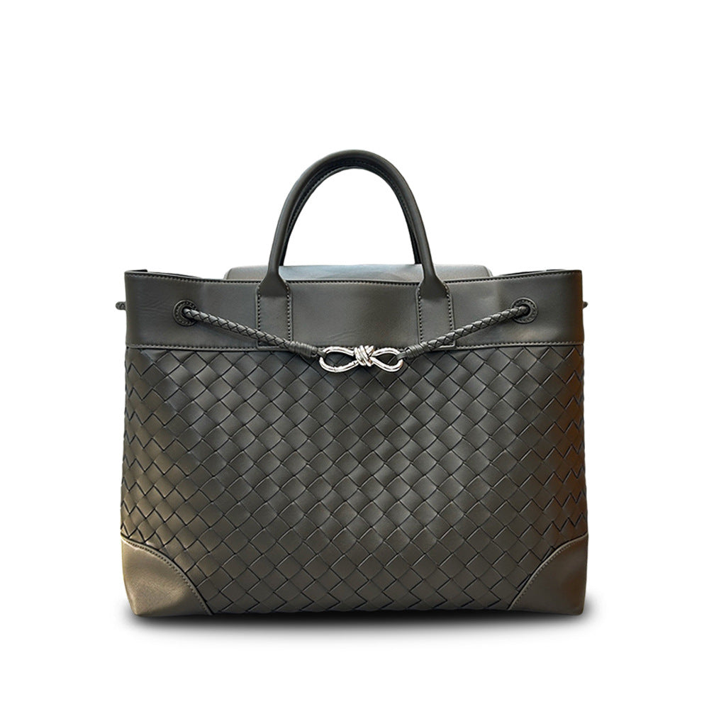 Cowhide Woven Large Tote with Silver Butterfly Buckle, Unisex Shoulder & Crossbody Bag