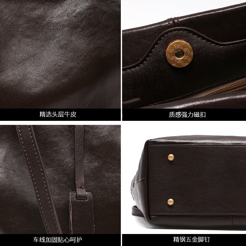 French Vintage Genuine Leather Tote Bag for Women Commuter Shoulder Handbag, Trendy Versatile Purse with Timeless Parisian Elegance