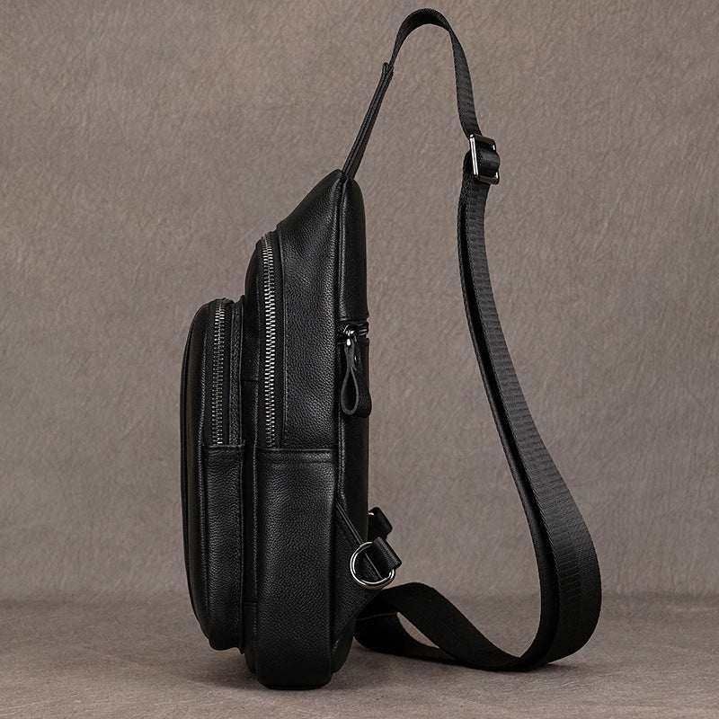 Black Genuine Leather Large Capacity Chest Bag, Casual Crossbody Shoulder Pouch Fits iPad, Premium Cowhide Travel Pack for Men