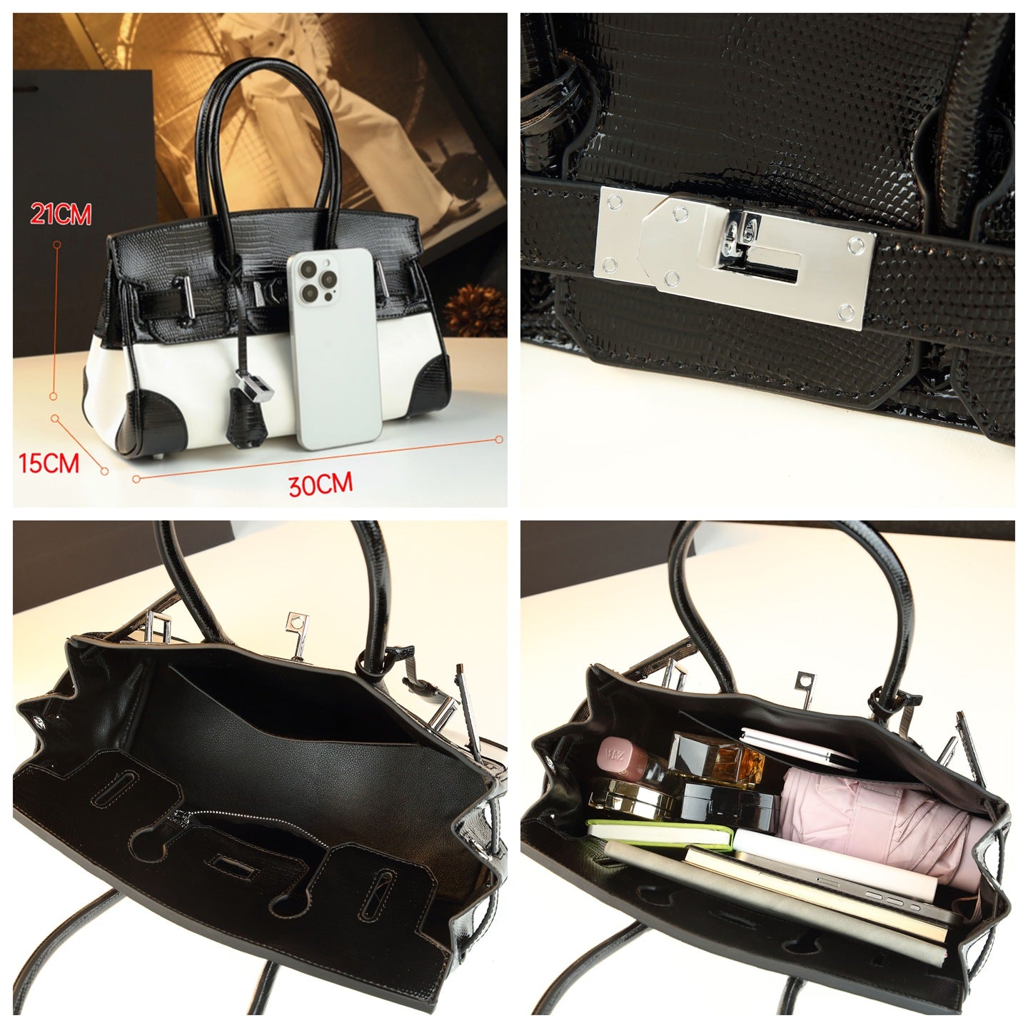 Chic Lizard-Effect Birkin-Inspired Tote Bag for Women, Premium Genuine Leather Top-Handle Crossbody Shoulder Handbag with Trendy Elegant Design, Ideal Everyday Purse for Mom