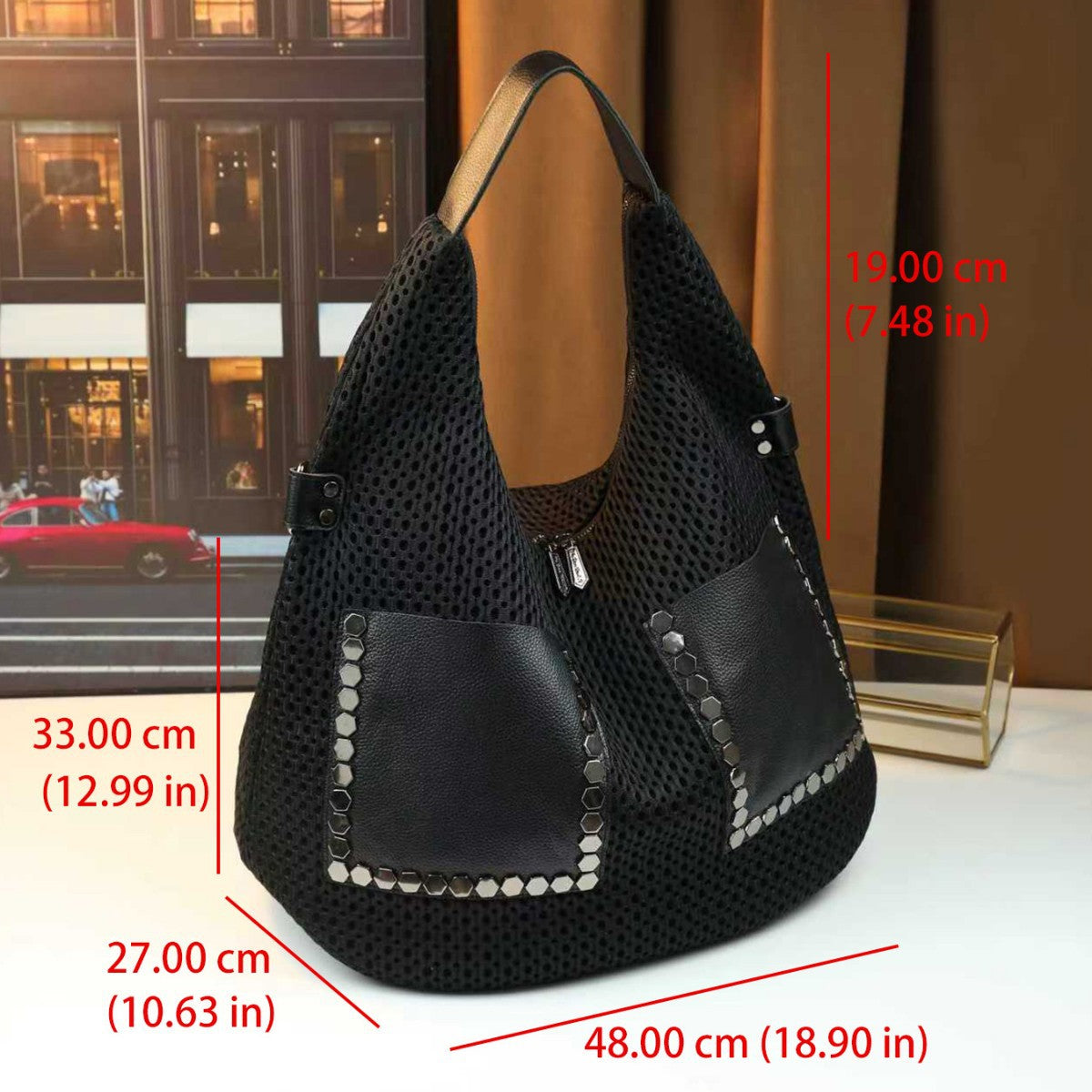 Soft Leather Patchwork Studded Underarm Bag for Women Large Capacity Commuter Shoulder Handbag, Trendy Personality Purse with Edgy Hardware