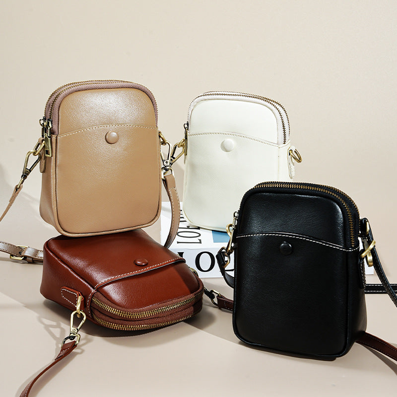 New Top Layer Cowhide Mini Phone Bag, Versatile Shoulder Crossbody Purse, Fashionable Genuine Leather Handbag for Women