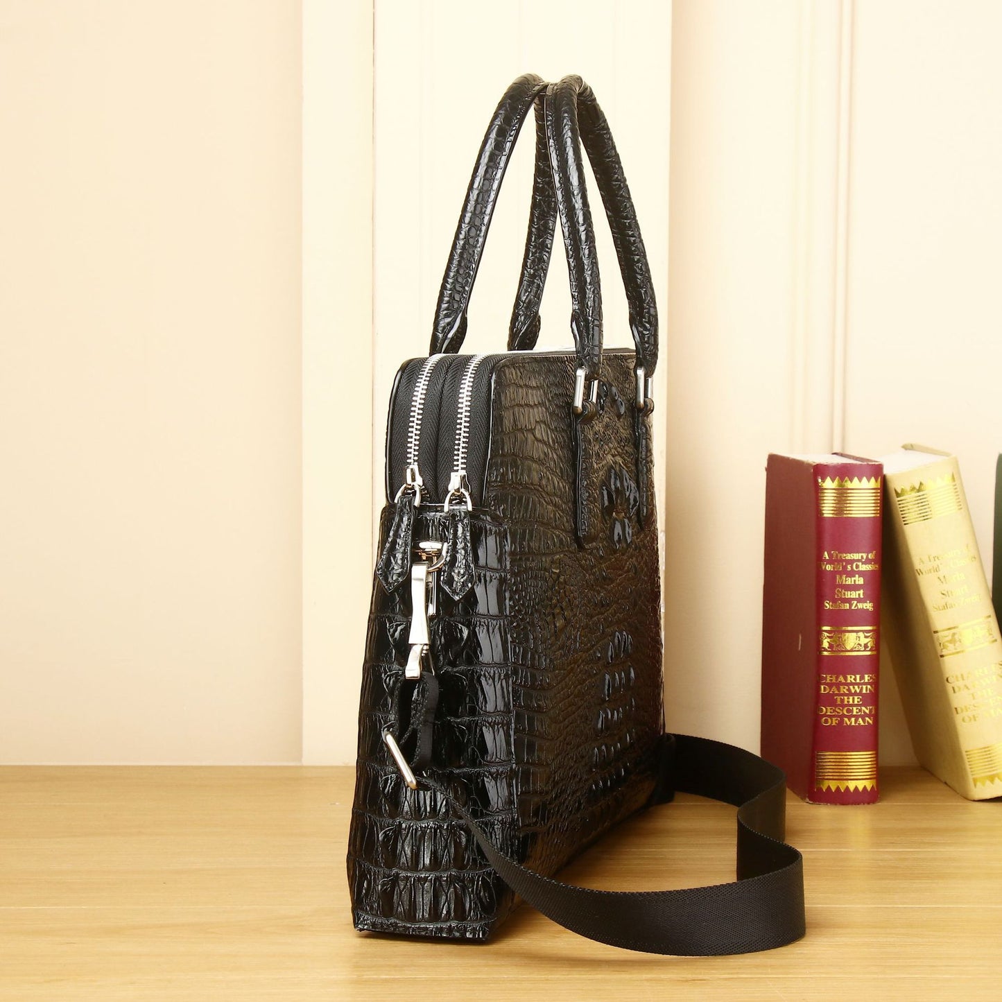 New Arrival Croc-Effect Double-Zip Business Briefcase for Men, A High-End Top-Handle Bag with Light Luxury Sophisticated Design, Perfect for Work & Travel