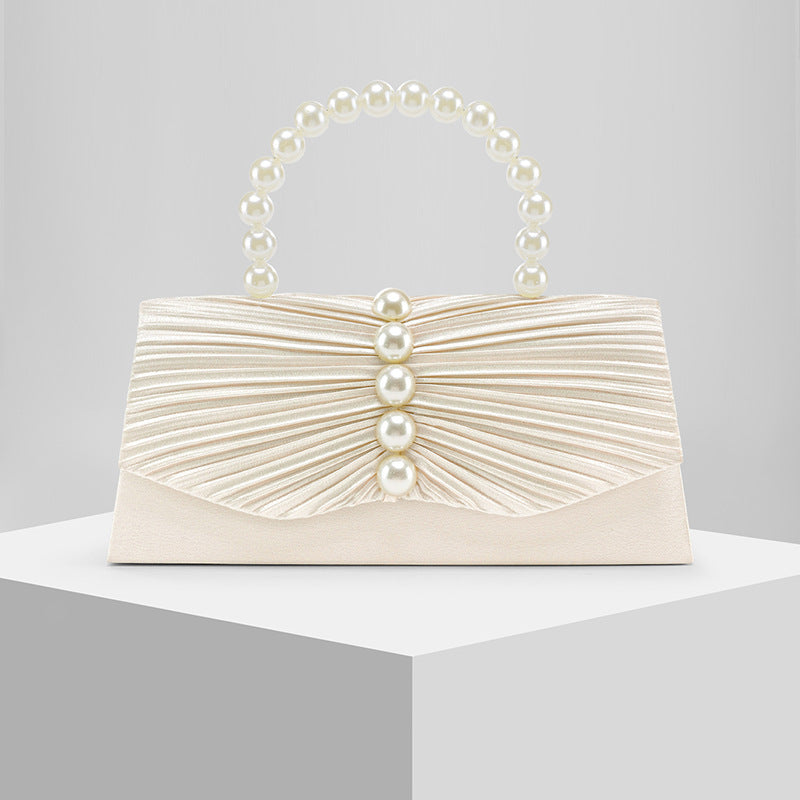 Satin Pearl Embellished Evening Clutch for Women, New Pleated Formal Gown Purse, Elegant Party Handbag for Ladies