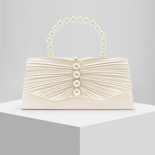Satin Pearl Embellished Evening Clutch for Women, New Pleated Formal Gown Purse, Elegant Party Handbag for Ladies
