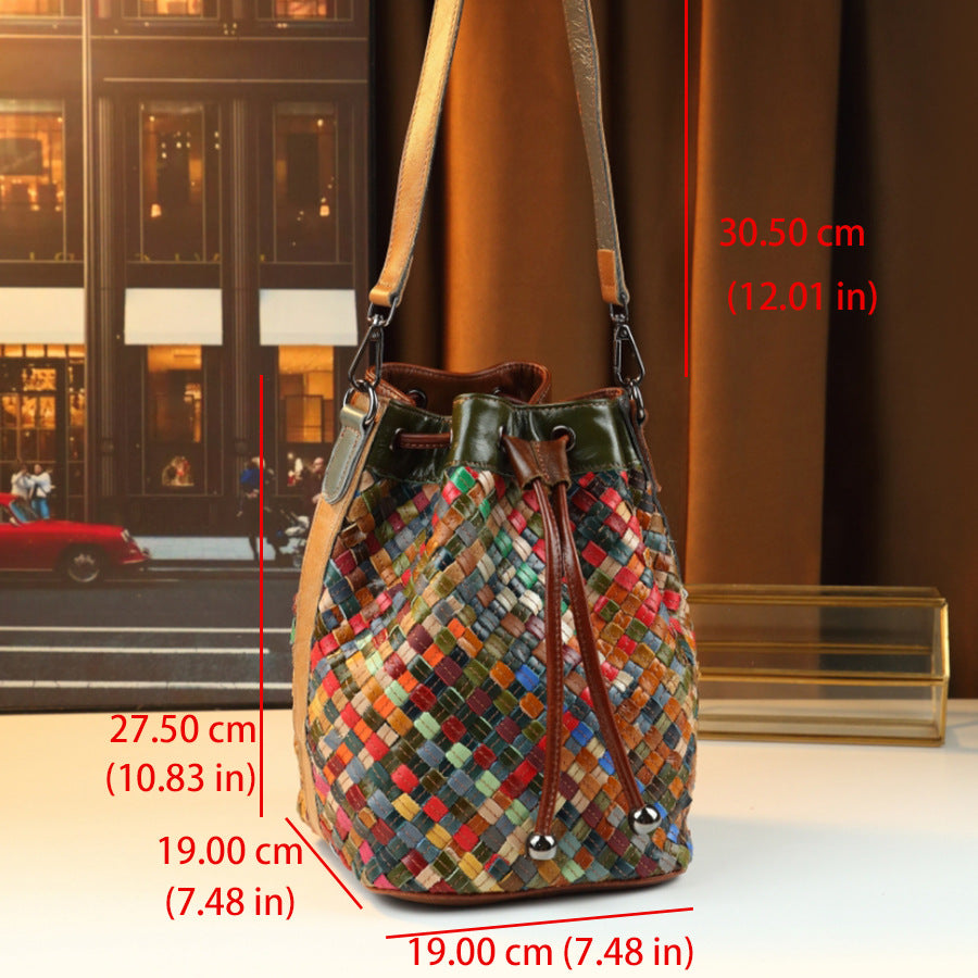 Woven Patchwork Leather Tote Bag for Women Large Capacity Cowhide Shoulder Purse with Drawstring Closure and Handmade Craftsmanship
