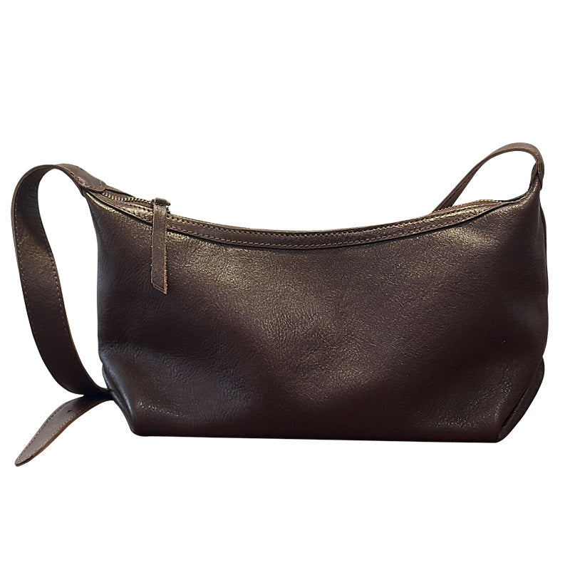 Vegetable-Tanned Soft Cowhide Crossbody Bag for Women, Vintage Pleated Shoulder Purse, Casual Small Leather Handbag for Ladies