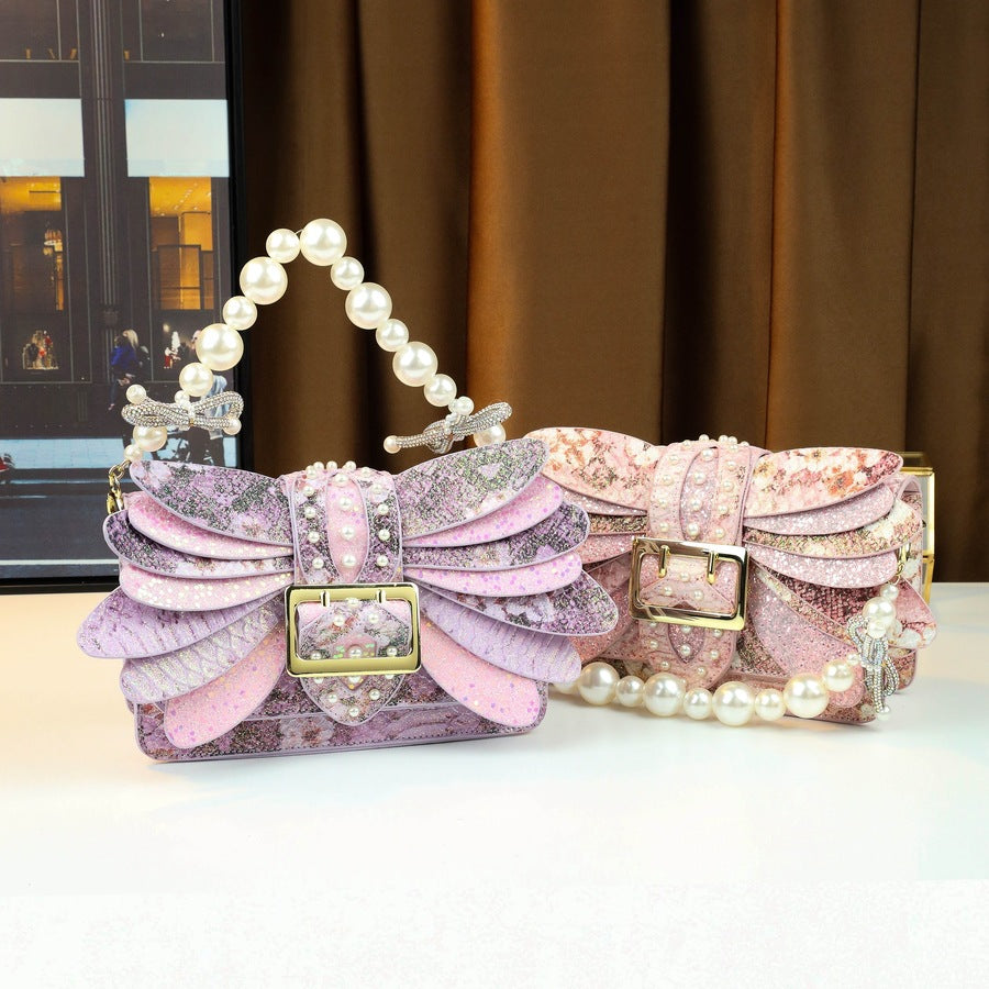 Butterfly Wing Mini Square Bag for Women with Pearl Chain, Trendy Shoulder Crossbody Handbag with Versatile Fashion Design