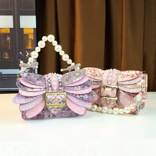 Butterfly Wing Mini Square Bag for Women with Pearl Chain, Trendy Shoulder Crossbody Handbag with Versatile Fashion Design