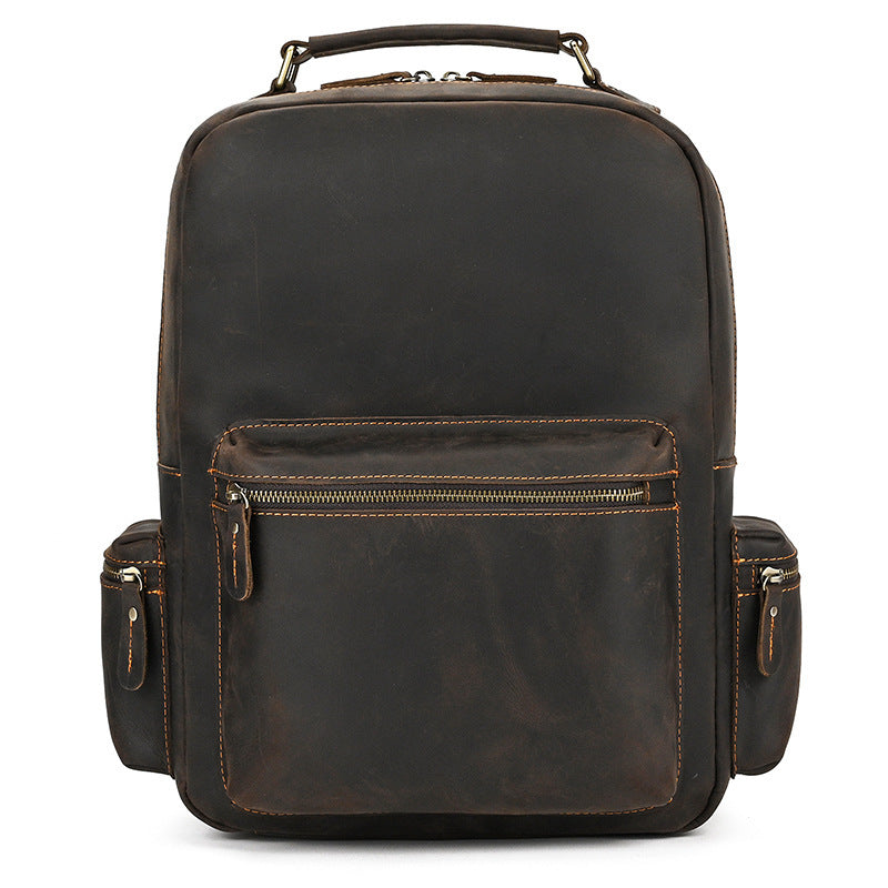 Men's Crazy Horse Leather Backpack Vintage Travel Daypack for Women Students, Genuine Leather Casual Rucksack Large Capacity
