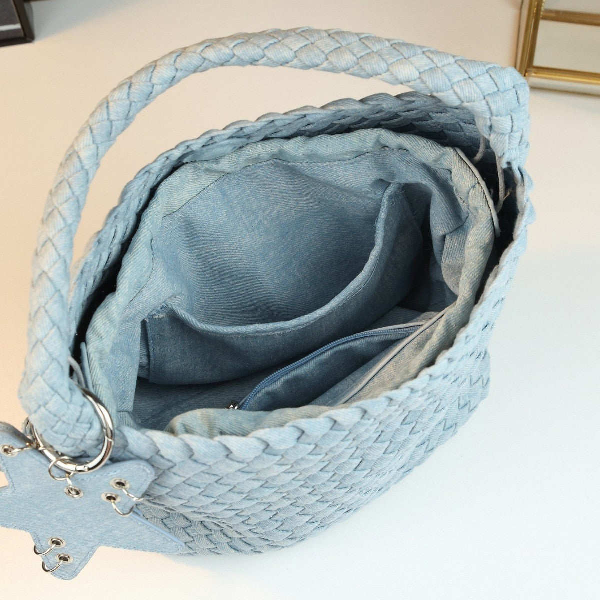 Handwoven Denim Bucket Bag for Women Large Capacity Underarm Shoulder Handbag, Casual Versatile Purse with Natural Woven Texture