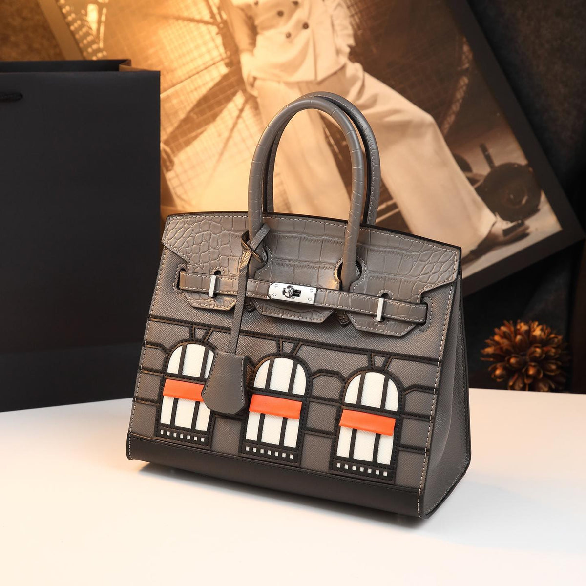 Chic Croc-Embossed Birkin-Inspired Tote Bag for Women, Premium Genuine Leather Top-Handle Shoulder Crossbody Handbag with Sophisticated Elegant Design, Trendy Everyday Purse