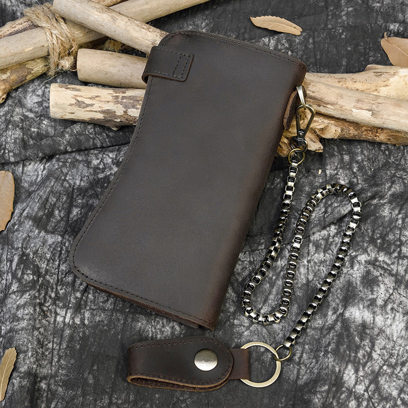 Crazy Horse Leather RFID Blocking Long Wallet for Men, Anti-Theft Chain Clutch, Secure Card Holder Money Bag for Gentlemen