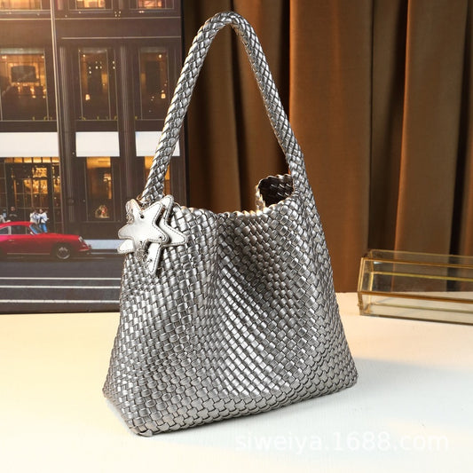 Woven Tote Bag for Women with Star Charm, Large Capacity Casual Commuter Shoulder Handbag, Trendy Purse with Playful Star Accent