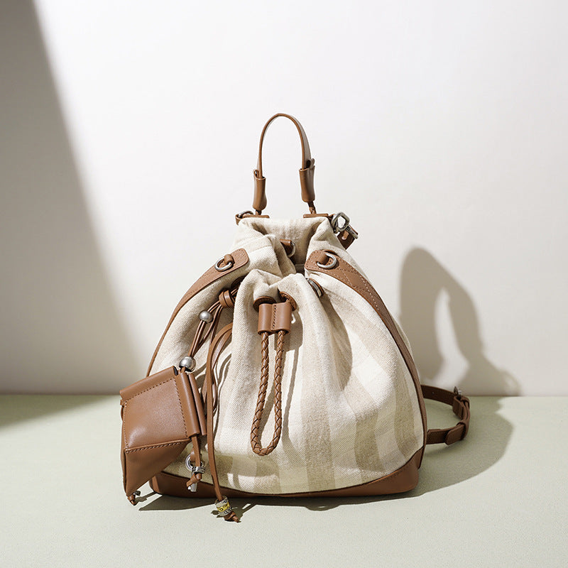 New Niche Drawstring Backpack in Linen & Leather, Large Capacity Commute Travel Daypack, Lightweight Casual Bag for Women