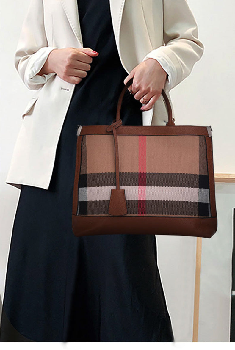 New Large Capacity Genuine Cowhide Plaid Tote Bag, Versatile Fashionable Shoulder Handbag, Premium Leather Bag for Women
