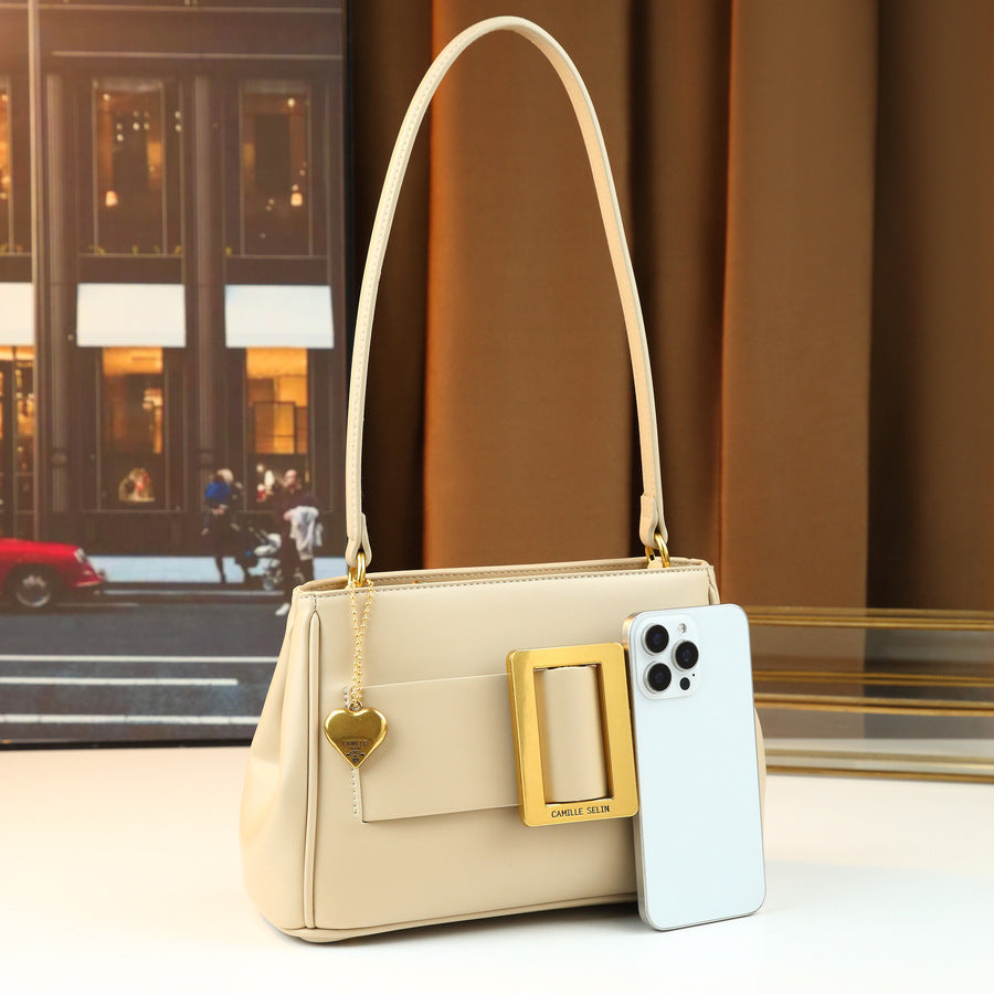 Vintage Metal Square Buckle Underarm Bag for Women with Heart Charm, Premium Shoulder Crossbody Purse with Versatile Commuter Style