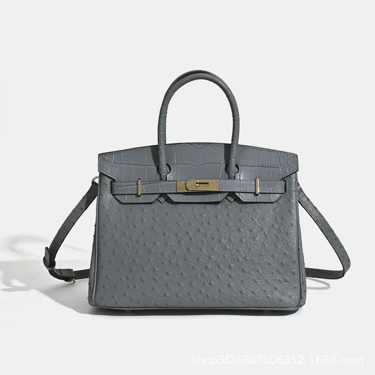 Premium Ostrich-Embossed Birkin-Inspired Tote Bag for Women, Top-Layer Cowhide Leather with Spacious Large Capacity, Ideal Business Commuter Top-Handle Handbag for Work & Everyday